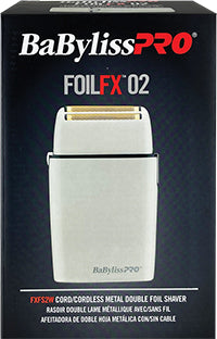 Boxed CONAIR BABYLISSPRO SHAVER FOILFX 02 DOUBLE FOIL WHITE, displaying the shaver outside the box.